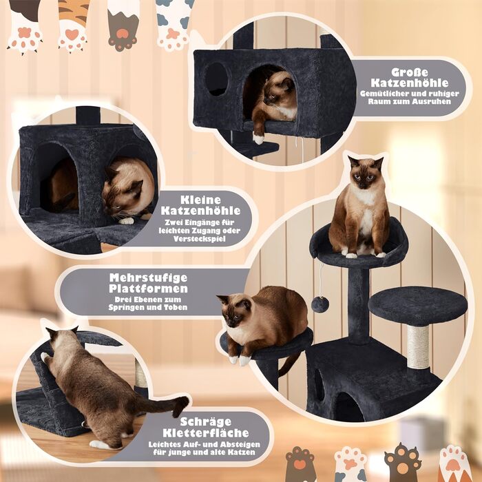 Кігтеточка-кімнатний комплекс Yaheetech 139 см, чорний, з 3 платформами, 3 стовпчиками, 2 хованками та іграшками