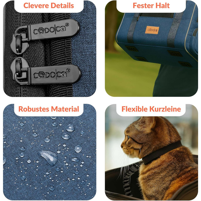 Транспортна переноска для котів CADOCA® до 20 кг, складна, з сонце- та дощовим дахом, плечовим ременем, мискою, дихаюча, комфортна, з обертовим подушечком, для котів та собак, блакитна