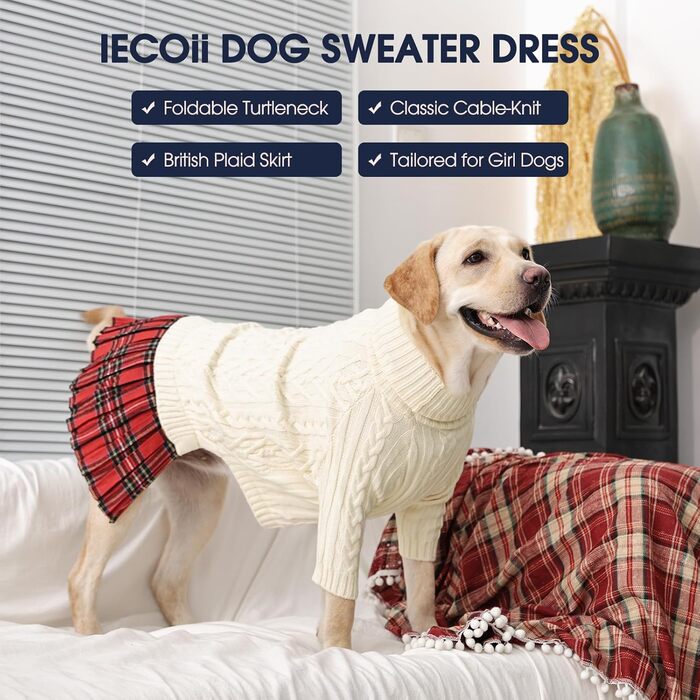 Теплий зимовий пуловер для собак великих порід IECOii, червоний, з отвором для повідка, в'язаний з косами, XXXL (71 см)