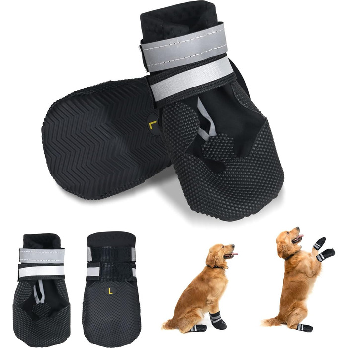 Чоботи для собак, 4 шт., водонепроникні, з антиковзким покриттям та світловідбиваючим ремінцем. Чоботи для собак, захист лап від дощу, для маленьких, середніх та великих собак (M, чорний)