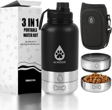 Водяна пляшка для собак на 1000 мл з нержавіючої сталі, 4-в-1, з місткою та мискою для корму, витокозахисна, без BPA, аксесуар для прогулянок та походів (чорна)