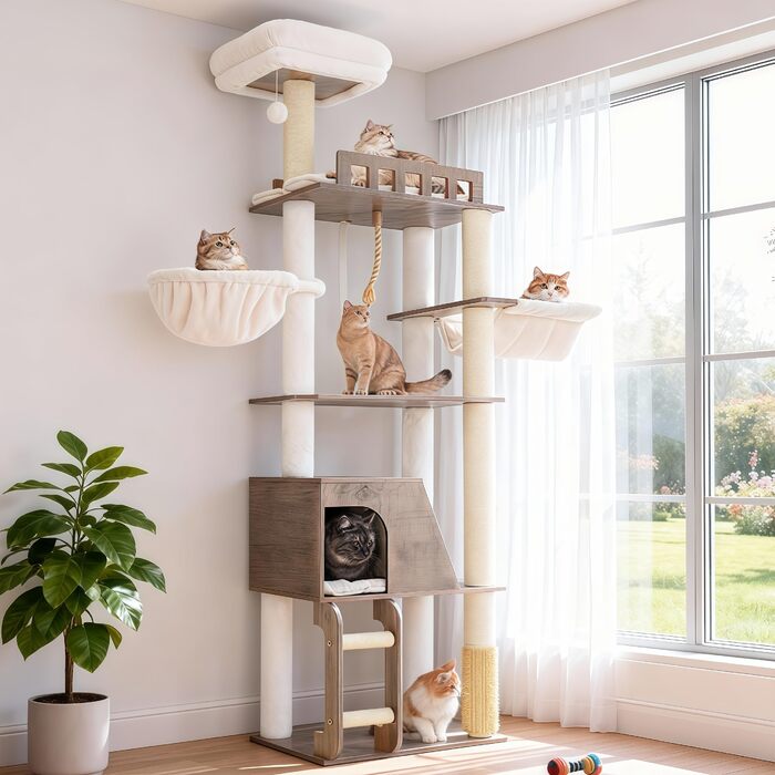 Дерев'яний кігтетопор Hey-brother Holz Kratzbaum 184см для великих котів, багатоярусний, зі стійкою платформою, кошиком, будиночком, щіткою та драбиною (Gris Vintage)