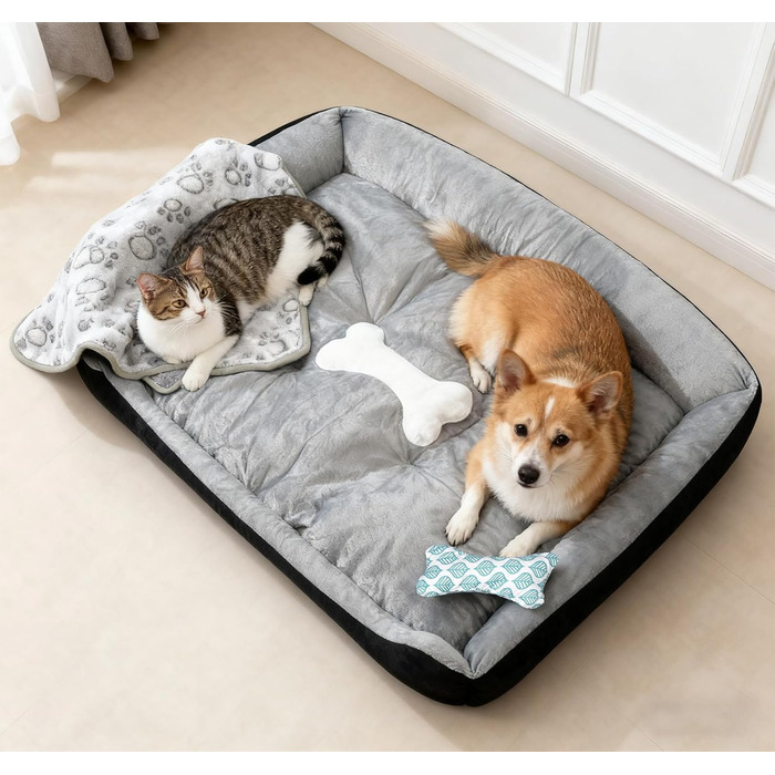 Ліжко для собак 90x70 см з подушкою у вигляді кістки та легкою ковдрою, м'яке диванчик для собак середніх порід з короткого хутра, миється, кошик для собак з неслизьким дном