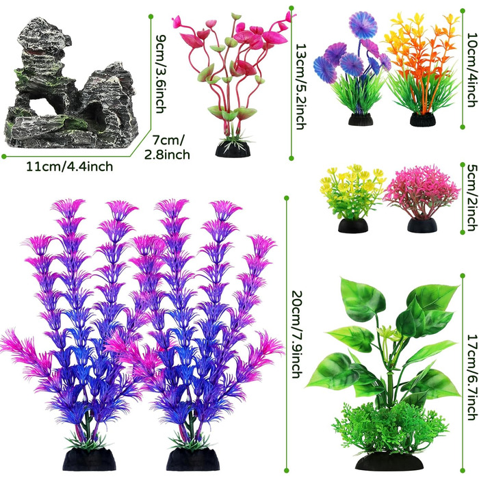 Аксесуари для акваріума QUOZUO, 9 шт: штучні рослини та декоративні камені-печери