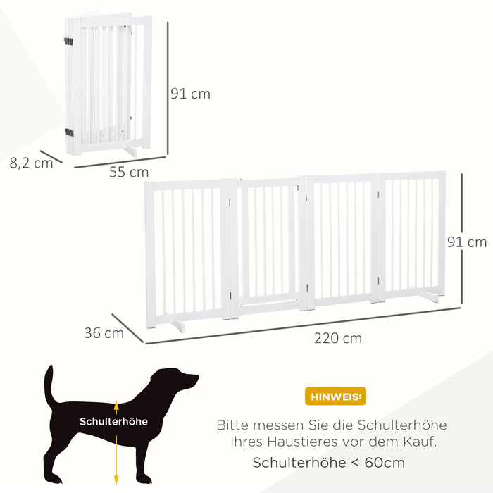 PawHut Barrier Dog 4 частини, 220 x 91 см складні ворота з дверима, окремо стоячі ворота для собак з 2 опорними ніжками, дерев'яні сходові ворота для передпокою, кухні, сходів, білі | Аосом