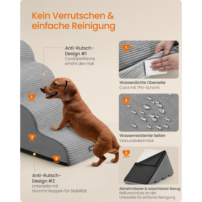 Сходинки для собак Feandrea, 4 сходинки, для маленьких собак, котів, водонепроникні, неслизькі, знімний чохол, сірий PPS004G01