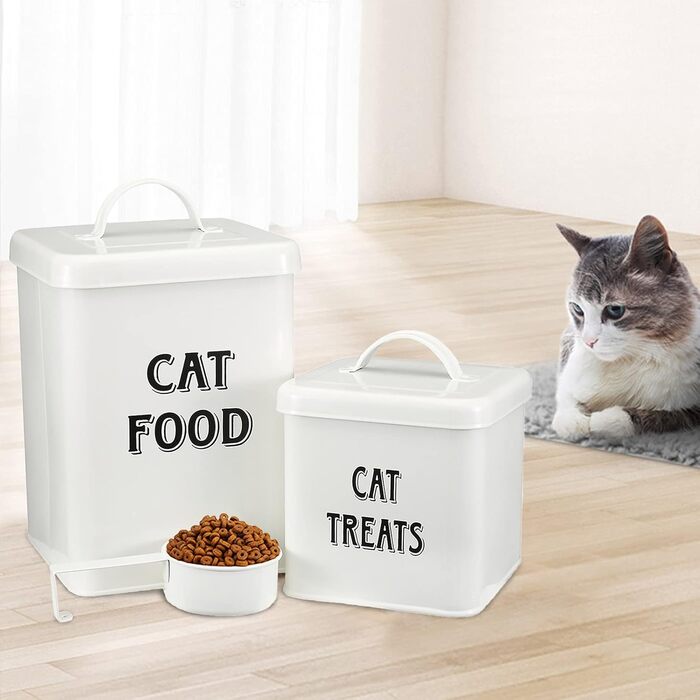 Контейнери для корму Morezi (2 шт.), з вуглецевої сталі, з герметичним кришкою та ложкою, для зберігання корму для собак, котів та інших тварин. Білий колір.