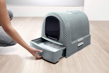 Туалет для котів Curver Petlife з кришкою та лопаткою, сучасний дизайн під ротанг, сірий-синій, 51,5x38,5x40 см