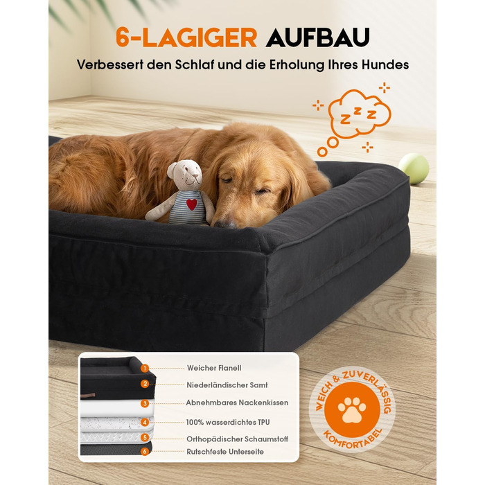 Ортопедичне ліжко для собак XL, корзина для собак, що стирається, з яєцеподібною піною, водонепроникний диван для собак з неслизьким дном та чотиристоронньою подушкою (Чорний, 117x76x19cm)