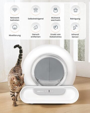 Автоматичний лоток для котів LELO PAWS, 65л, самоочищення, з контролем запаху, керування через APP, електричний, XXL, для кількох котів, білий