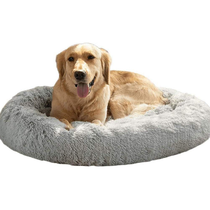 М'яке ліжко-софа для собак Deluxe, кругла, з плюшу, 60 см, світло-сірий колір. Підходить для великих і екстра-великих собак та котів. З водонепроникною основою. Легко миється.
