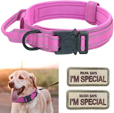 Нашийник для собак регульований з контролем, тактичний нашийник з нейлону, м'який нашийник з металевою застібкою, для середніх та великих собак, для полювання, тренувань, активного відпочинку на вулиці, розмір L (45-54 см), колір рожевий