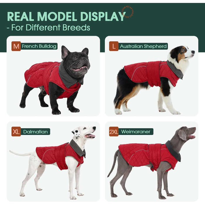 Куртка для собак Kuoser, зимова, водонепроникна, для середніх та великих собак, з флісовою підкладкою та блискавкою, L, червона