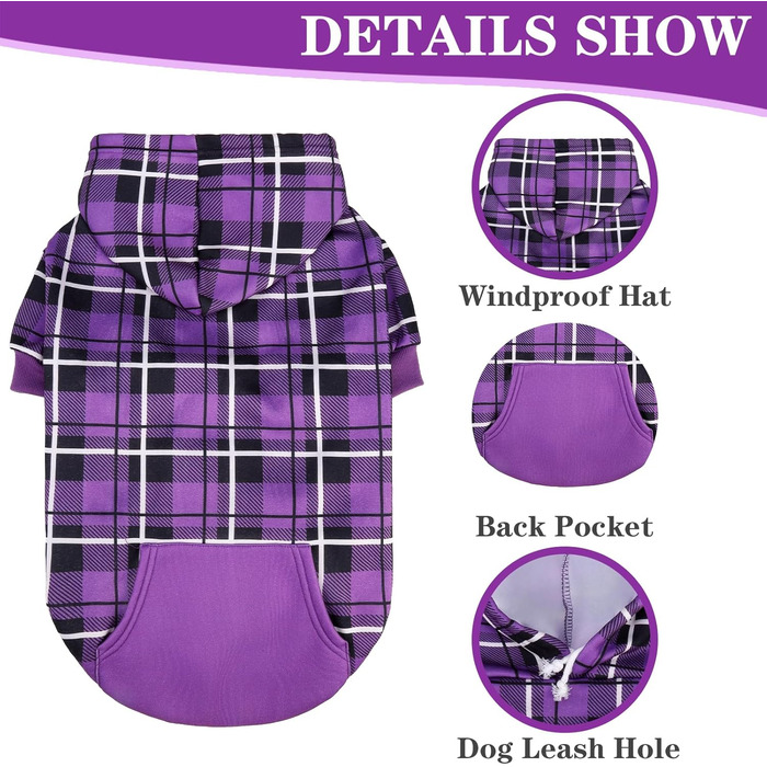 Пуловер з капюшоном для собак ExPawlorer у британському стилі з візерунком, теплий одяг для собак з отвором для повідка, підійде для собак різних порід (Пітбуль), зимовий одяг для цуценят, дівчаток та хлопчиків, котів, рожевий (XX-Large, фіолетовий)