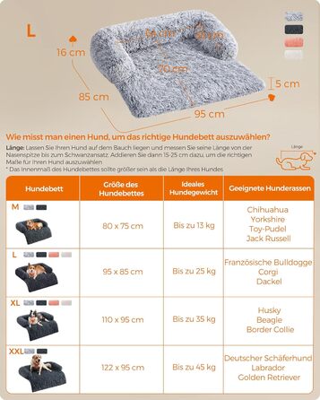 Ліжко для собак Feandrea FluffyHug, м'яка підстилка, захист дивану, подушка, розмір L, для середніх собак, 95 x 85 x 16 см, Ombré Grey PGW222G01