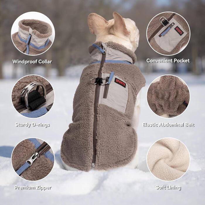 Теплий зимовий жилет для собак FeimaX з флісу, з D-початком, для малих та середніх собак, колір кава