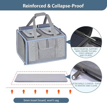 Розширювана переноска для котів та собак великого розміру на 2 тварин - переноска-рюкзак для котів та маленьких/середніх собак з розширенням з обох сторін, знімним вкладишем та кишенею для зберігання, сірого кольору - велика