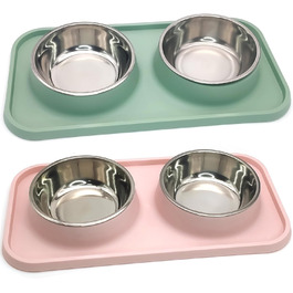 Набір мисок для собак BNOSDM: 2 шт. (рожевий + зелений), нержавіюча сталь, з антиковзною підкладкою, для корму та води, підходить для цуценят та котів