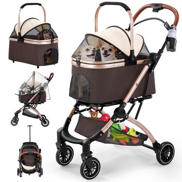 Візок для котів та собак Gimars 20кг, 4-в-1, складання, поворот 360°, гумові колеса, гальмо, захист від дощу, регульована ручка, хакі