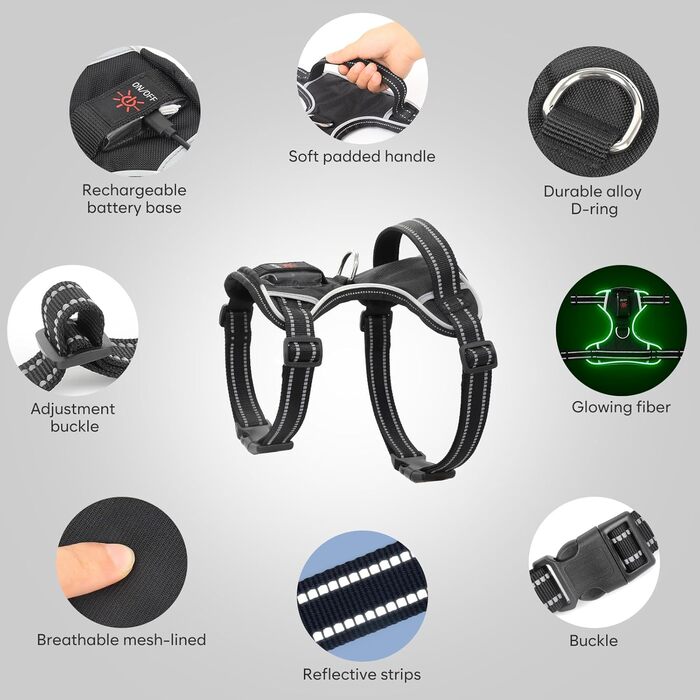Світловідбиваючий жилет для собак Colaseeme Light з LED-підсвічуванням, регульований, чорний, розмір S