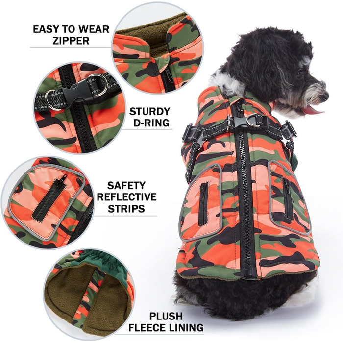 Водонепроникна куртка для собак з шлейкою та жилетом, вітрозахисна, з відбиваючими елементами, для цуценят, маленьких та середніх собак (Помаранчевий, L)