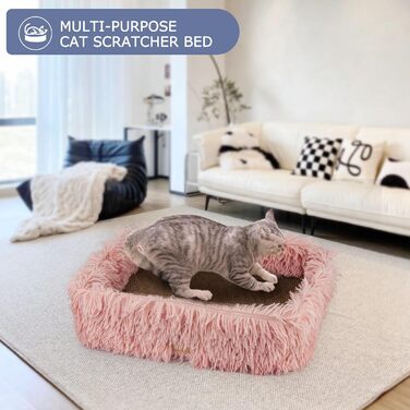 Котячий когтеточка з картону з коробкою, міцна велика ліжко для котів, м'яка когтеточка з гофрокартону, знімна, двостороння, захист меблів (44×34×14см), рожевий колір
