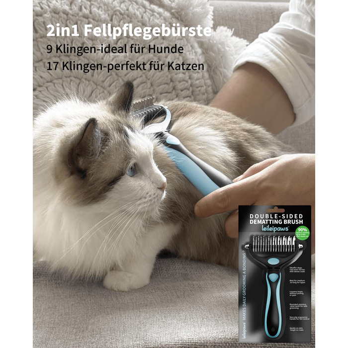Гребінець для собак та котів проти вичісування – ергономічна ручка, міцний, 17/9 зубців, видаляє ковтуни та підшерстя, дешадінг-щітка для довгошерстих та короткошерстих порід (Синьо-чорний)