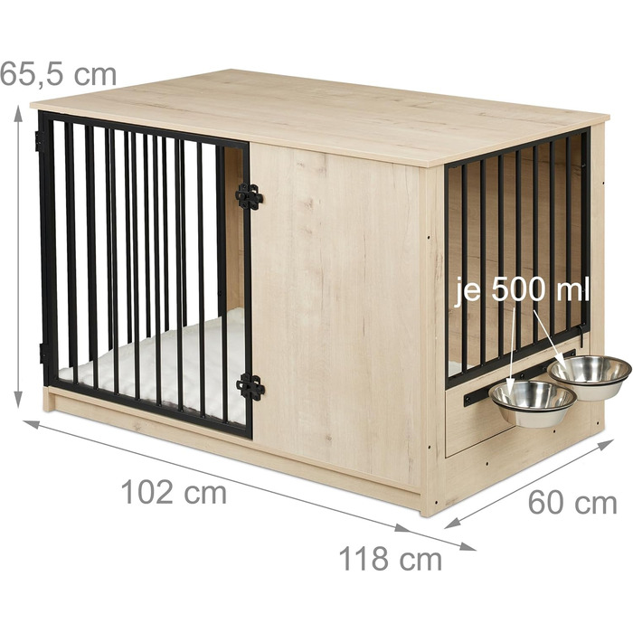 Клітка для собак Relaxdays, сіра/чорна, розмір 65,5x102x60 см, з двома мисками, з дерева, MDF & сталь