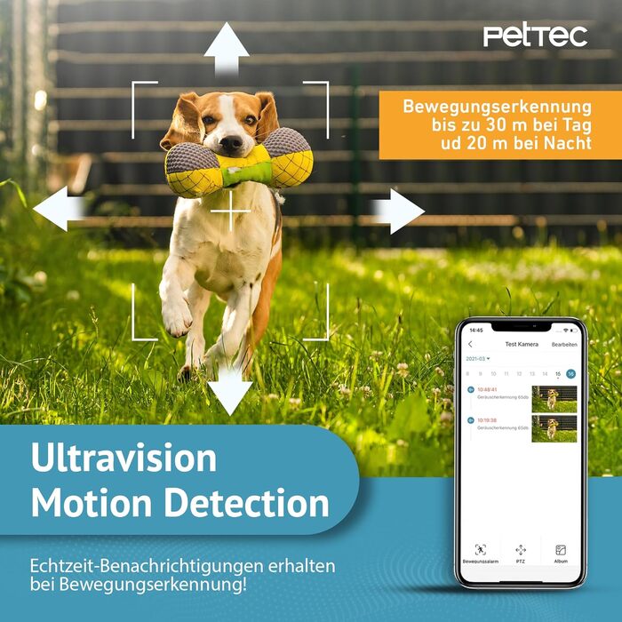 PETTEC камера для тварин Free'n 360: Wi-Fi 2.4ГГц, акумулятор, панорамне обертання, без підписки, зовнішня камера 3MP, детекція руху, нічне бачення 20м, IP65, прожектор і сирена