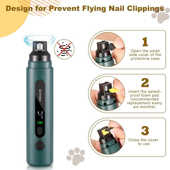 Електричний точилка для кігтів собак VINATO з LED-підсвіткою, 5 швидкостей, тиха та перезаряджувана. Підходить для собак маленьких, середніх та великих порід