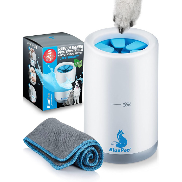 BluePet Очищувач для лап собак - видаляє бруд та сміття з лап | З мікрофібровою ганчіркою | PfotenBlitz Розмір S (до 10 кг)