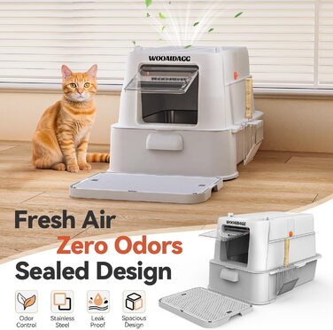 Торгівля туалет для котів Wooidagg з нержавіючої сталі з контролем запаху, модульна конструкція з ящиком, легко чистити лопаткою, розмір XL, підходить для всіх котів (Світло-сірий)