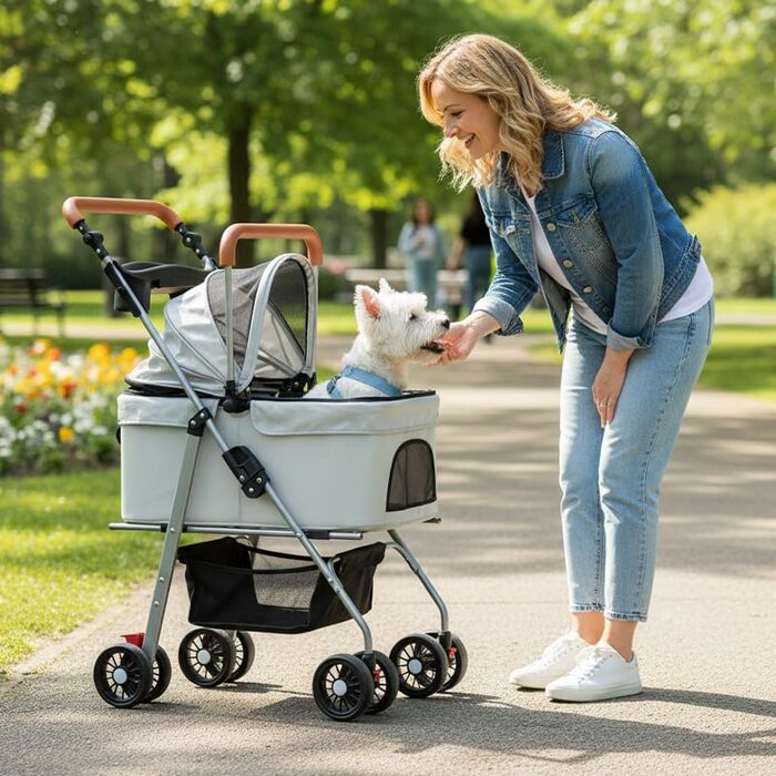 Візок для тварин Simcat: для собак та котів, складний, з гумовими колесами 360° (сірий)