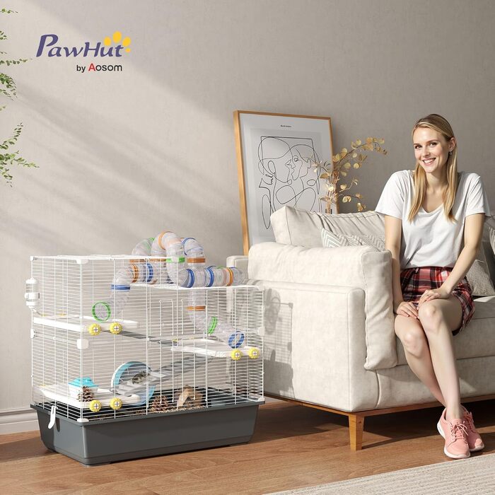 Клітка для хом'яків PawHut 4-ярусна з аксесуарами: колесо, годівниця, тунель, хатинка. Розмір 78x45x73 см, сіра