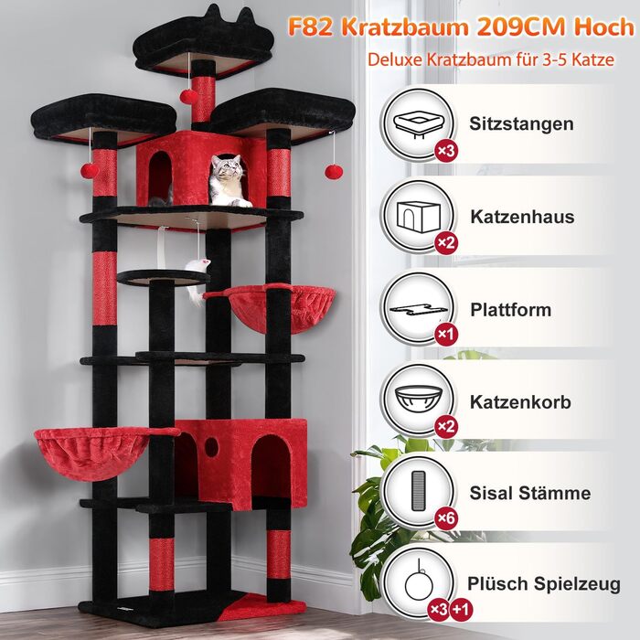 Драбина-будинок для котів Globlazer XXL 209 см з 3 сидіннями, 2 будиночками, 2 кошиками та великою платформою. Стабільна, для 3-5 котів.