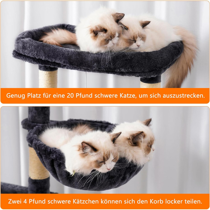 Дерев'яний котячий комплекс Heybly 173 см, 16 стовпчиків, 2 платформи, 2 кошики, гамак, будиночок, іграшки, багатоярусний когтеточка, димчасто-сірий