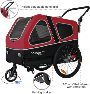 Doggyhut S-Line XL: прогулянка для собак - візок-причеп 2 в 1, до 45 кг, з амортизацією (червоний/чорний)