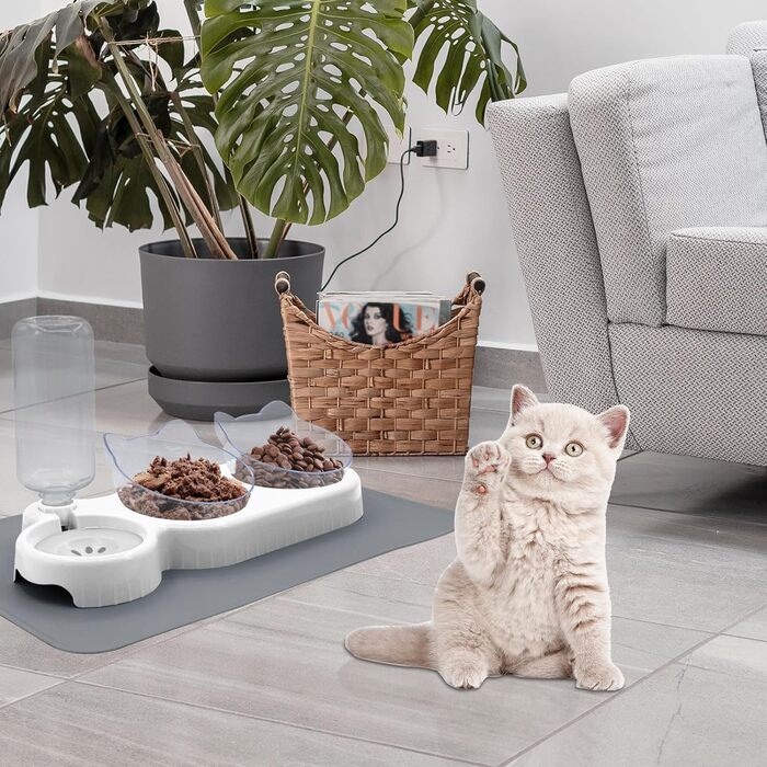 Набір мисок для котів та собак 2 в 1 з диспенсером для води, ковзаючою підкладкою та лопаткою. Нахил 15°, миски для сухого та вологого корму, білий колір