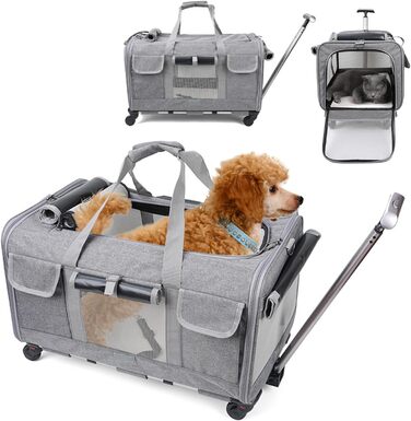 Транспортна сумка для котів PETCUTE з колесами, дихаюча переноска для 2 котів, складана переноска для собак з телескопічною ручкою, знімний килимок, ідеальна для подорожей (Сіра)