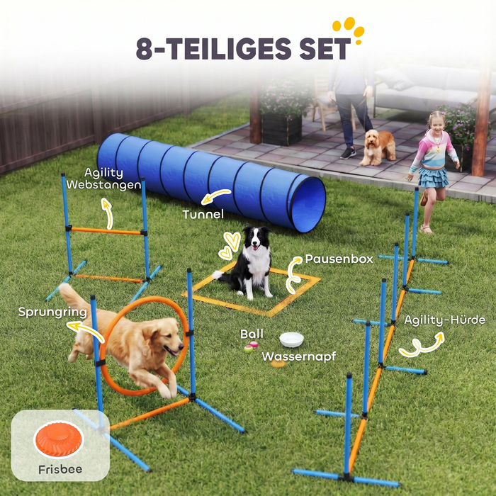 Набір для дресирування собак (Agility), 8 предметів: тунель, слаломні стійки, регульовані бар'єри, кільце для стрибків, миска