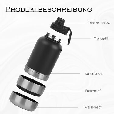 32oz (950 мл) Багатофункціональна пляшка для собак: поїльник, миска для їжі та води, з нержавіючої сталі 304, ізольована, для подорожей, активного відпочинку та прогулянок