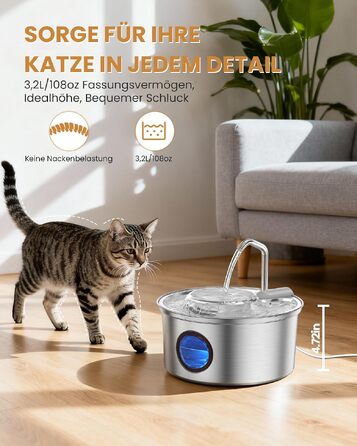 Фонтан-поїлка для котів Kittyspout з нержавіючої сталі, 3.2 л, з набором з 3 фільтрів