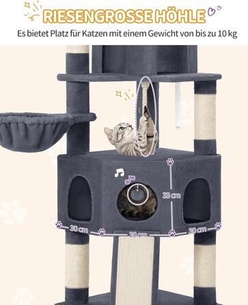 Кігтеточка для котів Hzuaneri, 174 см, XL, 2 платформи, 2 печери, 4 стовпчики, дошка для заточування кігтів, мотузка з сизалю, плюшеві кульки, для багатокотових сімей, MS17418LG (Темно-сірий)