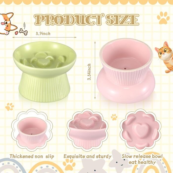 Підвищені миски для котів Layhit з кераміки, проти блювоти, повільне годування, для сухого та вологого корму, кошенята, 2 шт. (зелений, рожевий)