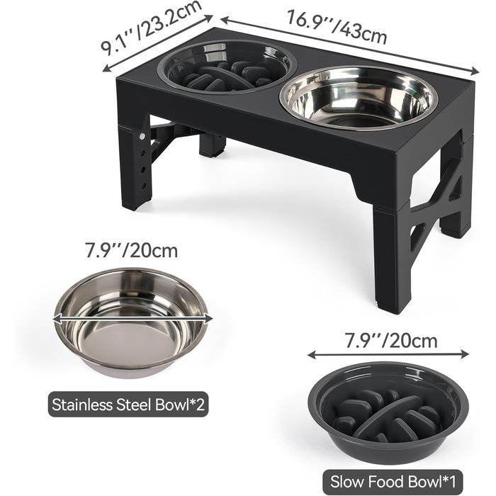 Підвищений годівниця для собак PAWISE, 5 рівнів регулювання, для собак маленьких, середніх та великих порід, з двома великими мисками з нержавіючої сталі, антиковзаюча, BPA free пластик