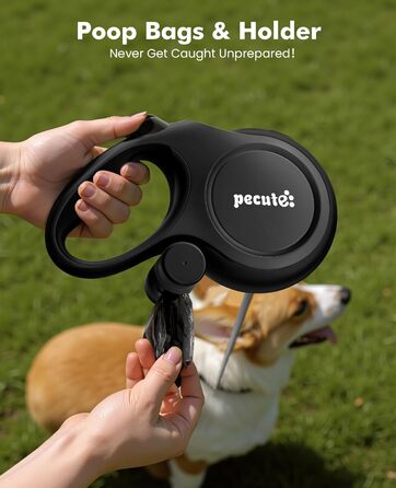 Рулетка для собак Pecute 8м, бісостійка, з набором для збору відходів, 360° без перекручування, чорна (до 50кг)