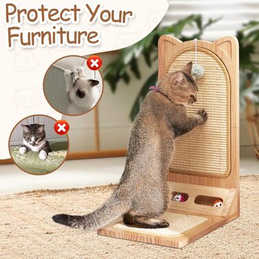Котячий когтетоп MALOROY з масивного дерева, 58 см, L-подібний когтетоп з картону, стійкий, з іграшкою-м'ячиком, для стіни та кута