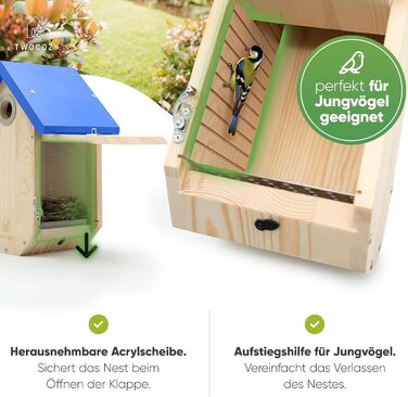 Преміум будиночок для синиць TWOCOZY, захист від дятлів, захист гнізда, для великих синиць, 32 мм, синій, 17x23,5x32 см, відповідає стандарту NABU, підвісний, вологостійкий