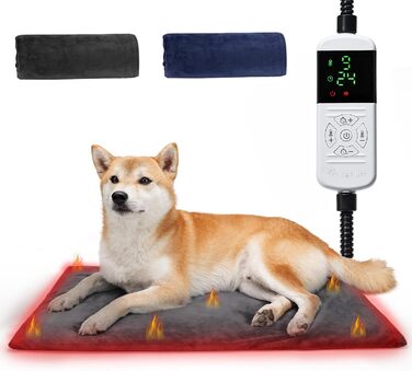 Електричний килимок для тварин 45x70 см - нагрівальний килимок для собак та котів з 9 температурними режимами (35–55℃) та таймером, бісостійкий кабель 1.8 м, 2 знімні чохли