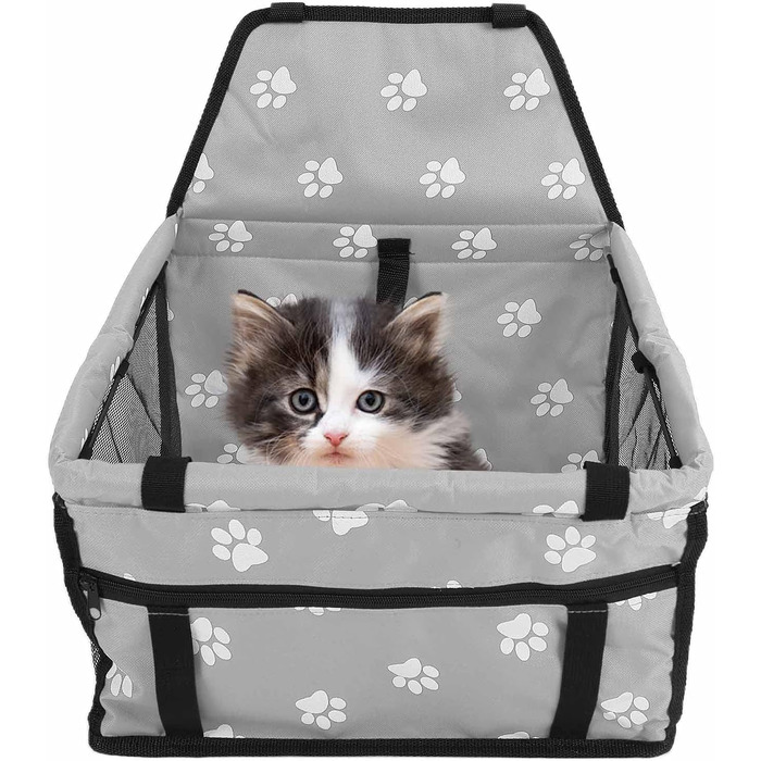Переноска для тварин з принтом лапок, складана переноска для собак з тканини, миється, з ременями безпеки та підпоркою - Комфортна та безпечна для авто та подорожей (сіра підпорка з принтом лапок)